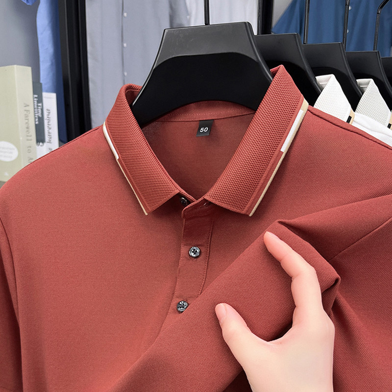 桑蚕丝~男士夏季新款红色短袖T恤爸爸装本命年冰丝polo衫亚麻上衣