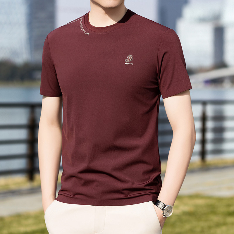 男士夏季红色冰丝凉感短袖t恤中年爸爸装本命年婚宴圆领无痕上衣