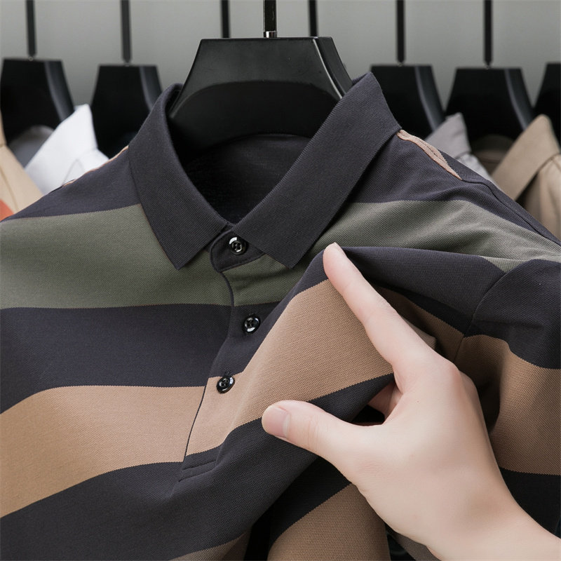 纯棉~男士短袖t恤夏季新款翻领polo衫中年爸爸装冰丝条纹半袖上衣