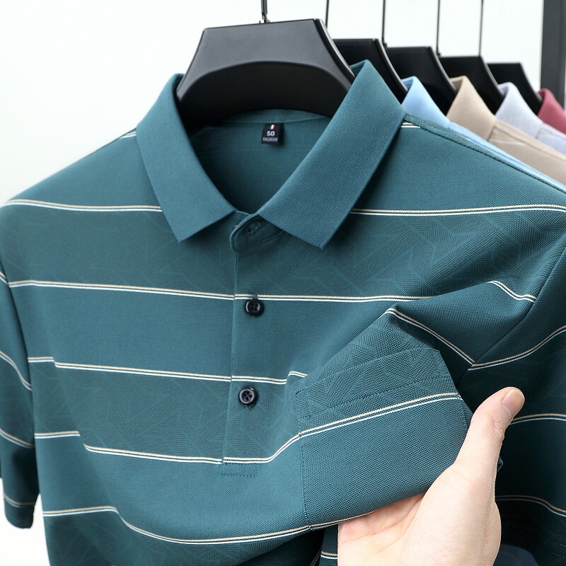 真口袋~男士新款冰丝凉感短袖T恤中年爸爸夏装翻领条纹polo衫上衣
