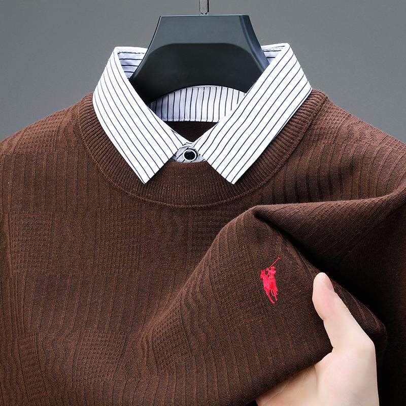 男士毛衣打底针织衫冬季上衣爸爸真假两件套衬衫领保罗刺绣羊毛衫