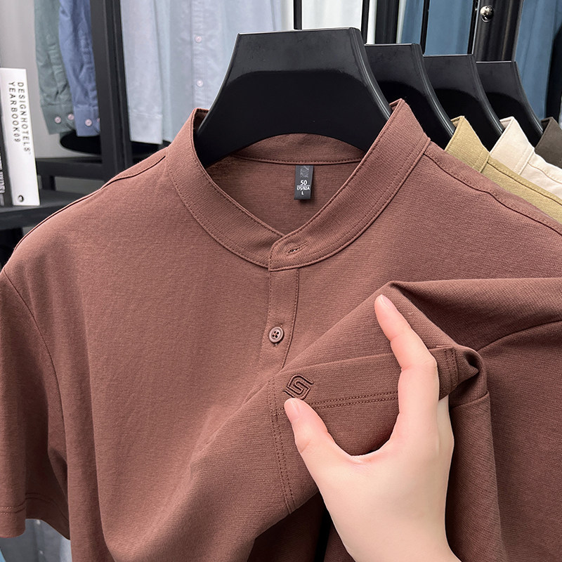 长绒棉~真口袋男士夏季莱赛尔短袖T恤爸爸装立领polo衫冰丝上衣服