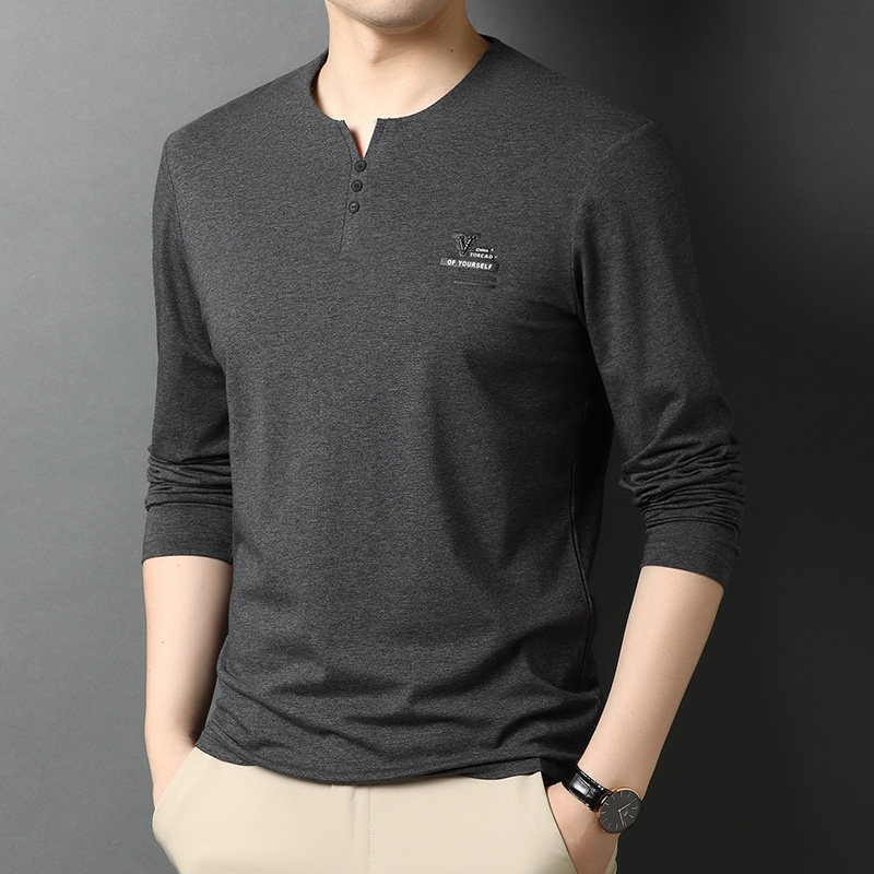 中年男士春夏季薄款冰丝爸爸装鸡心领长袖t恤打底衫V领40岁50体恤