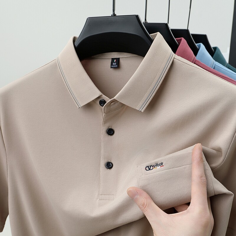 真口袋~男士夏季新款短袖T恤中年爸爸装翻领冰丝凉感polo衫上衣服
