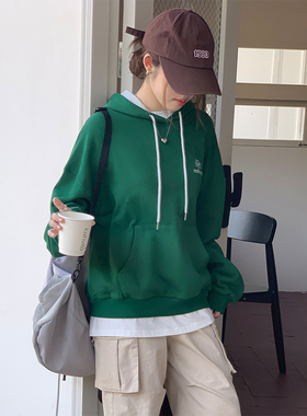 韩版小众秋冬双层连帽拼色卫衣女ins小个子绣花字母绿色休闲上衣