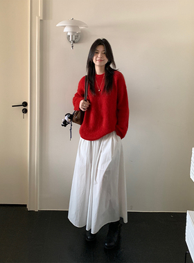 新年红色软糯兔绒毛衣秋冬新款宽松休闲慵懒风气质针织衫外穿上衣