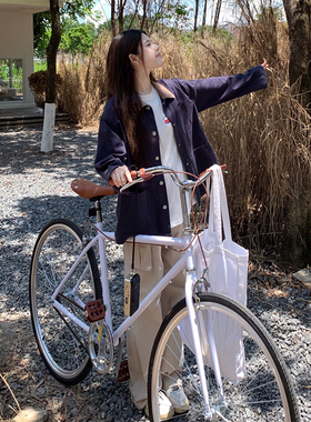 韩版设计感小众藏蓝色长袖外套女秋冬季甜美时尚撞色显瘦衬衫上衣