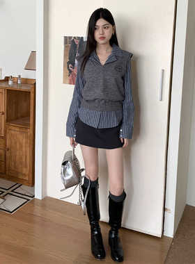 法式学院风减龄灰色收腰叠穿条纹衬衫女复古经典百搭休闲纯欲上衣