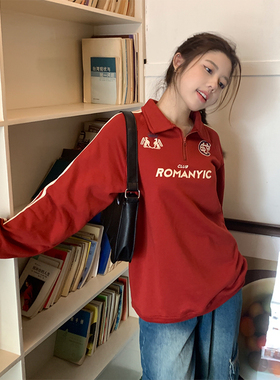 春季美式宽松型拉链Polo领赛车套头字母印花卫衣休闲运动红色上衣