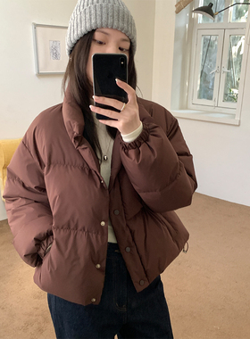 韩系温柔风白鸭绒羽绒服外套冬短款保暖宽松立领防水休闲咖色上衣