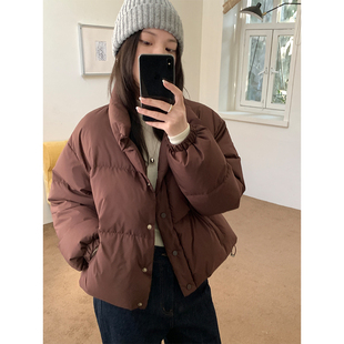 韩系温柔风白鸭绒羽绒服外套冬短款保暖宽松立领防水休闲咖色上衣