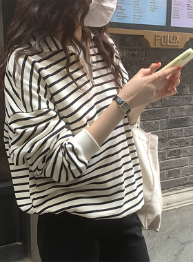 设计感小众黑白条纹拉链卫衣女春秋韩版宽松显瘦短款Polo翻领上衣