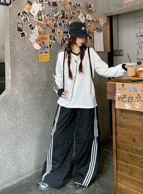 韩范艺术生学院风三杠条纹polo领卫衣套装小众降落伞阔腿卫裤女生