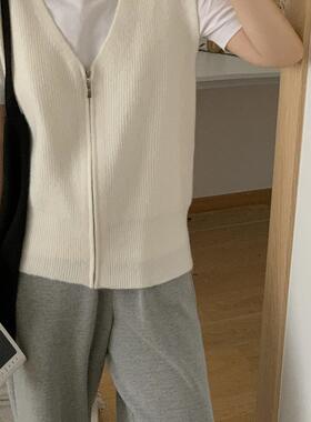 韩版秋款纯色V领毛衣马甲女拉链针织外搭开衫无袖宽松背心上衣女