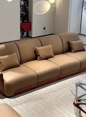 北美黑胡桃木客厅沙发组合意式轻奢极简皮艺直排沙发高端家具定制