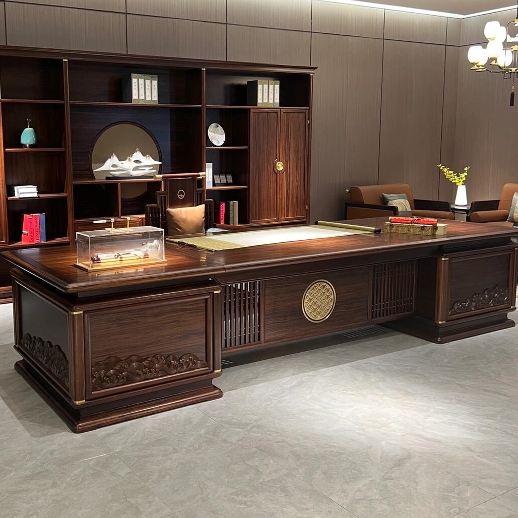 新中式乌金木办公桌高端老板桌实木大班台现代总裁办公室家具定制