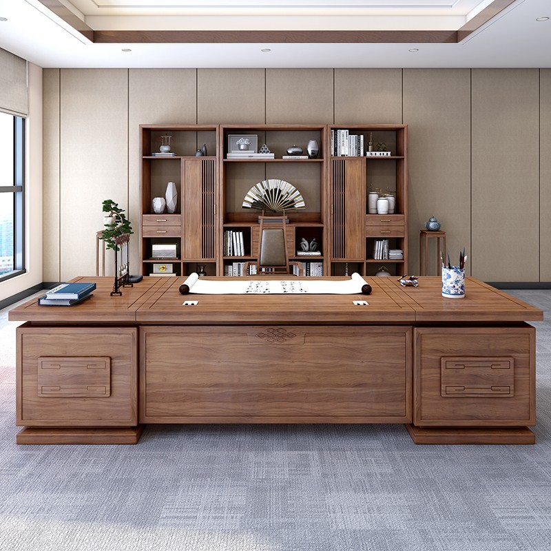 新中式实木大班台老板桌椅组合高端大气办公室北美黑胡桃木总裁桌