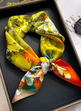 黄色牡丹仿真丝70小方巾大丝巾女士高档春秋薄款围巾披肩外搭妈妈