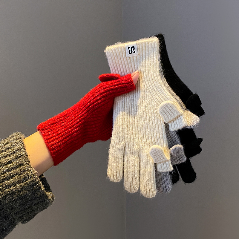 含羊毛软糯针织毛线分指手套女冬季韩系保暖露指可触屏骑行防寒男