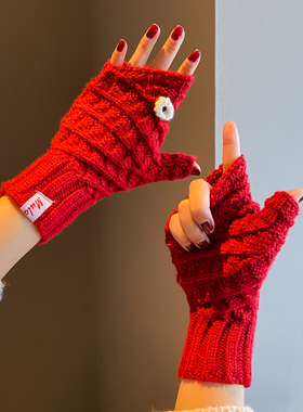 男女士秋冬季保暖防寒加绒加厚手工粗毛线针织防寒手套可爱小鱼潮