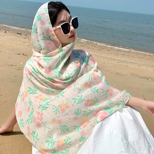 民族风棉麻纱巾薄款 小碎花围巾女夏季 海边沙滩巾丝巾超大防晒披肩