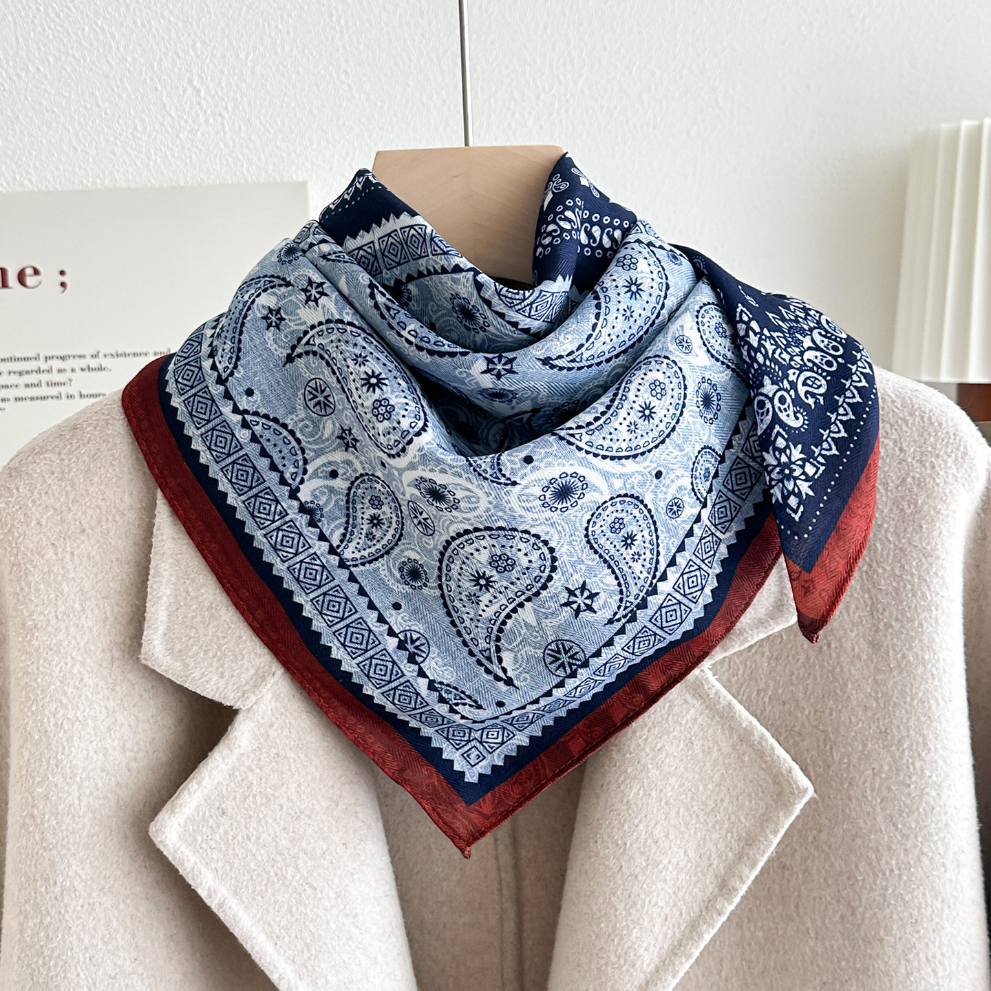 蓝色系腰果棉麻小方巾春秋薄款