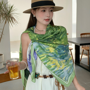 绿色油画丝巾女款130大方巾薄系脖围巾防晒沙滩巾空调房护颈披肩