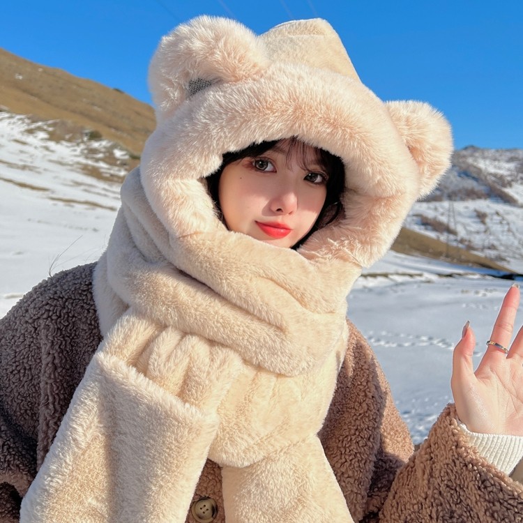 卡通小熊帽子围巾一体帽女士冬季百搭可爱冬天毛绒手套围脖三件套,服饰配件/皮带/帽子/围巾,帽子,淘宝优惠券,粉丝福利购,淘宝优惠卷