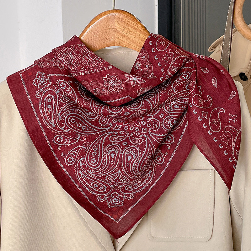 红色腰果花小方巾亚麻丝巾女春秋气质妈妈纱巾护颈围脖子薄围巾70