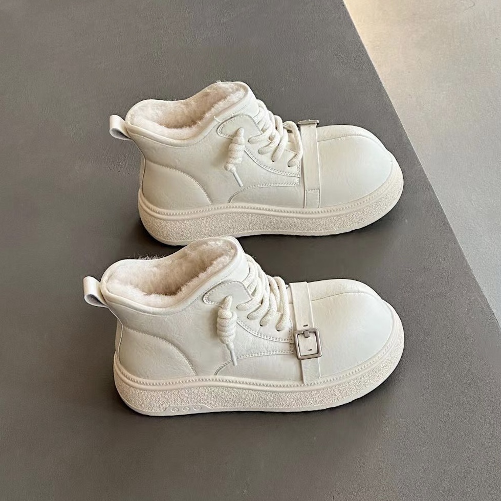 速利玛真皮羊毛防滑雪地靴女新秋冬款厚底加绒面包短筒靴保暖鞋