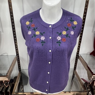 100%纯羊毛新款保暖冬季暖和中老年全羊毛刺绣圆领针织毛衣开衫