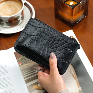 韩国代购东大门BUCKSLEATHER真皮卡包拉链纹理牛皮零钱包纯色女包