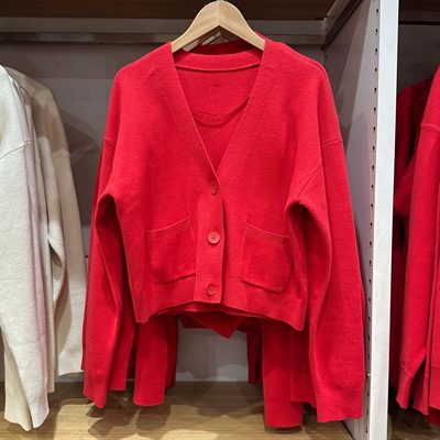 V领纯色长袖毛针织短款开衫