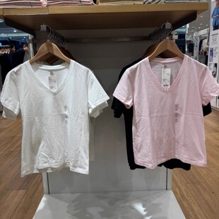 女装2026春夏新款竹节纱V领T恤短袖棉白T上衣打底衫483460/483576