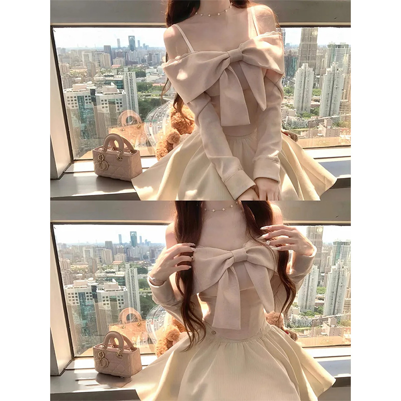 古早甜心 秋冬季韩剧白月光氛围感穿搭一字肩蝴蝶结上衣半裙套装