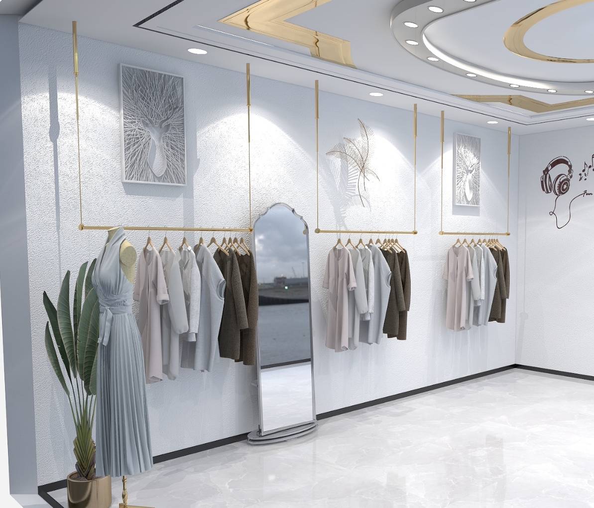 不锈钢婚纱服装展示架女装店上墙u型挂衣杆玫瑰金色吊顶悬挂衣架