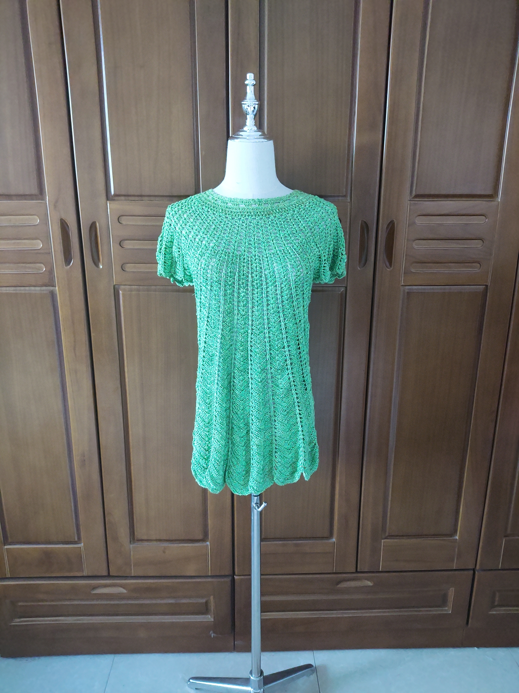 vintage复古清新手工编织镂空波浪花瓣下摆针织丝线连衣裙打底衫