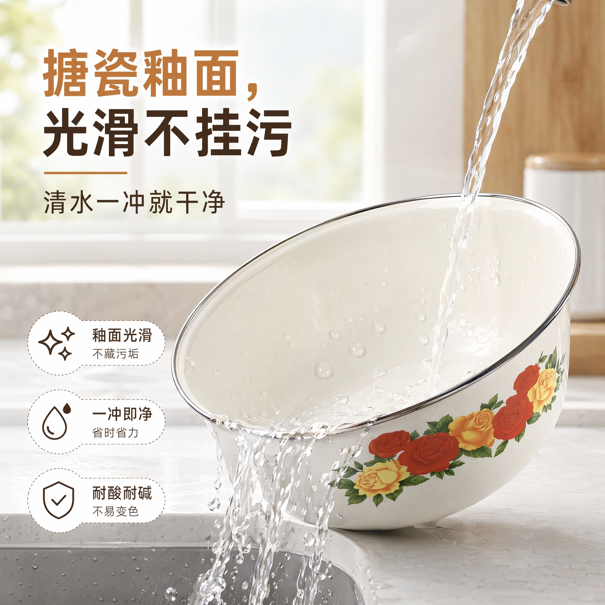 2个装搪瓷盆汤碗调陷碗大号中式带盖泡面碗洗菜盆耐用圆形家用