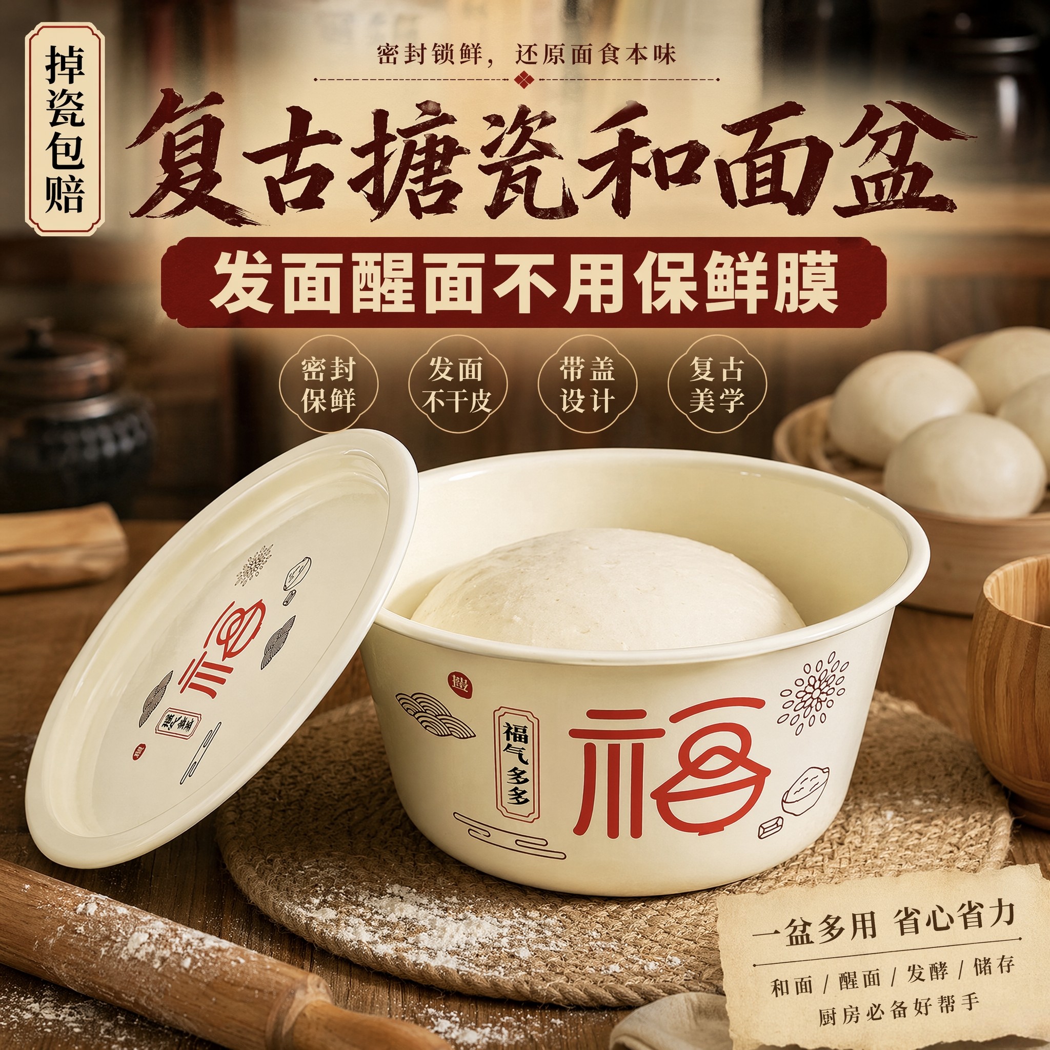搪瓷喜庆猪油盆加厚和面盆汤碗老式耐高温食品级泡面碗带盖猪油罐