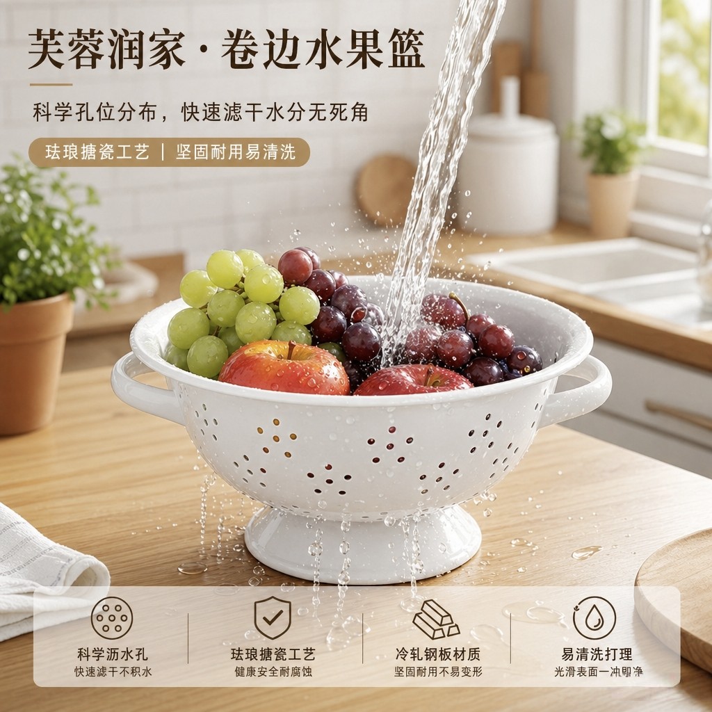 法式复古搪瓷水果篮沥水篮复古蔬菜沥干篮水果盆水果盘洗菜篮加厚