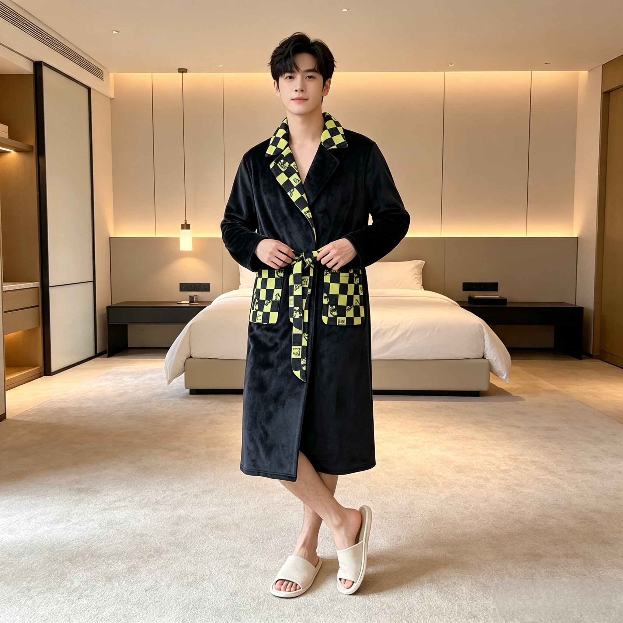 秋冬季棋盘格男士海岛格子睡袍男长款系带过膝复古时尚海岛绒浴袍