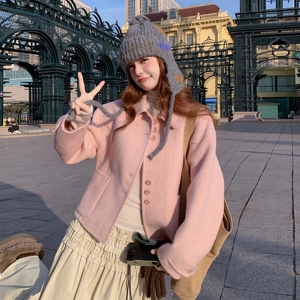 粉色双面呢羊毛外套女2025冬季新款小个子超好看甜美减龄毛呢上衣图片