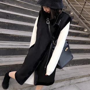 韩系轻熟简约风黑色拉链仿皮毛一体马甲女中长款无袖叠穿背心外套