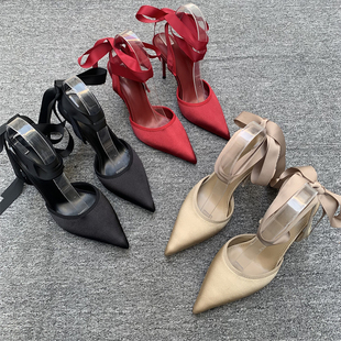 跨境绝美绑带尖头高跟女鞋仙女风浅口单鞋细跟小众设计感绑带跟鞋