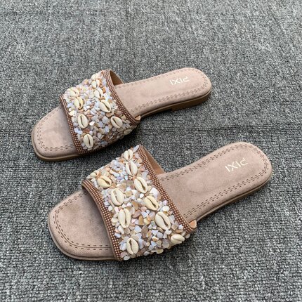 外贸原单仙女风珍珠装饰一字拖女外穿平底舒适夏季新款日常凉拖鞋