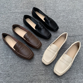 女法式 复古牛津鞋 平底单鞋 真皮英伦风平跟乐福鞋 方头一脚踩小皮鞋