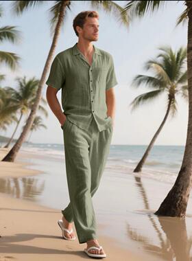 男装短袖衬衫套装夏季宽松休闲开衫衬衣长裤