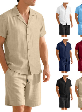 2026年通勤休闲纽扣衬衫短袖男士度假沙滩裤夏季开衫短袖短裤套装