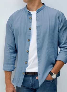 欧美2026春季立领纽扣长袖男士时尚休闲百搭上衣