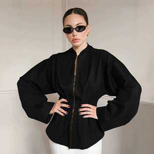 欧美纯色收腰毛呢外套女秋冬新款中长款夹克 Women casual jacket